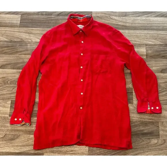 Archipelago Size L Red Linen Button Up Casual Summer Beach Shirt Plaid Collar - Picture 3 of 12